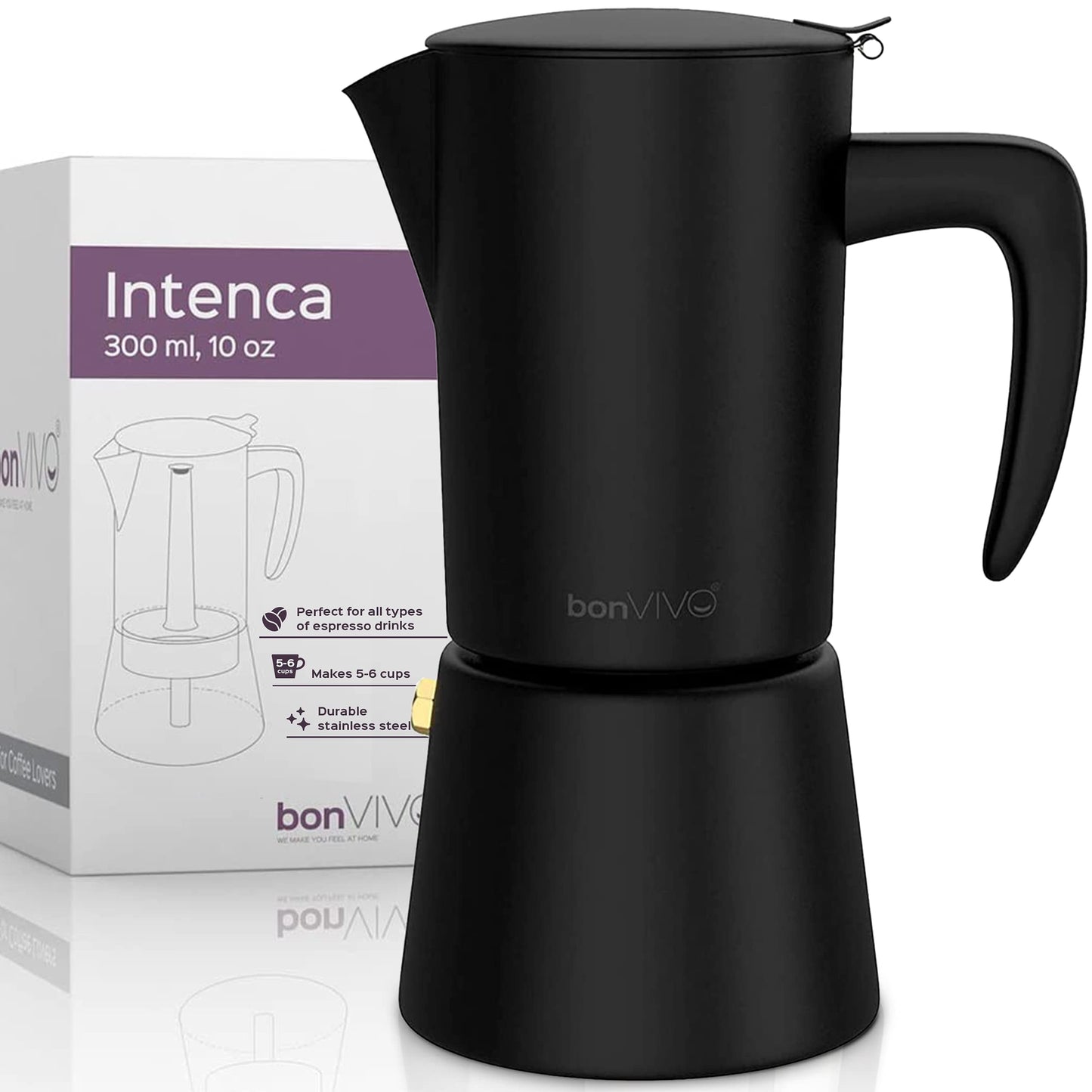 bonVIVO Moka Pot - 6 Cup Intenca Stainless Steel Espresso Maker w/Black Finish - Stove Top Italian Coffee Maker - 300ml Cup Coffee Pot - Gifts for Men