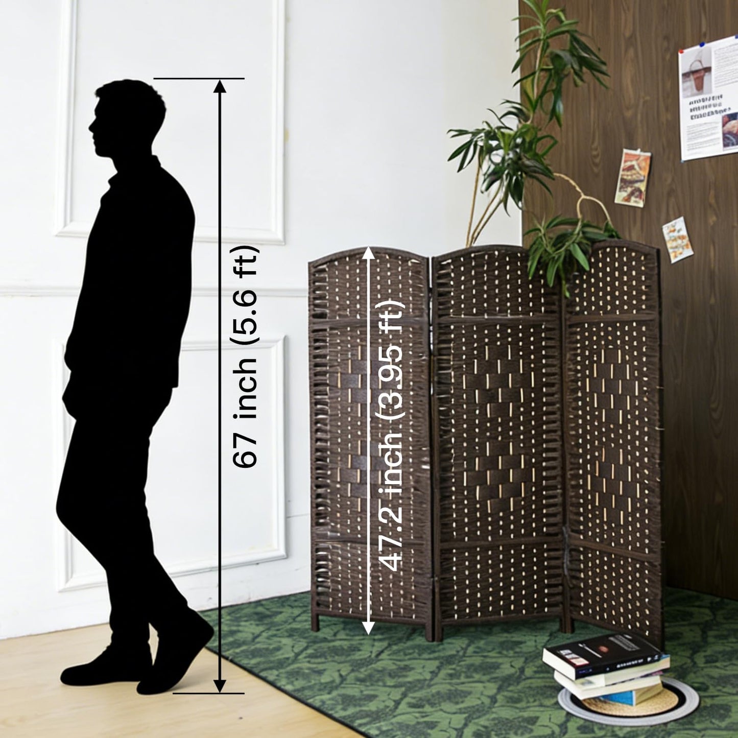 Furnnylane 3 Panel Dark Brown Rattan Divider Short Room Partition Screen,Double Sided Short Folding Divider for Room Separation,120 cm Tall