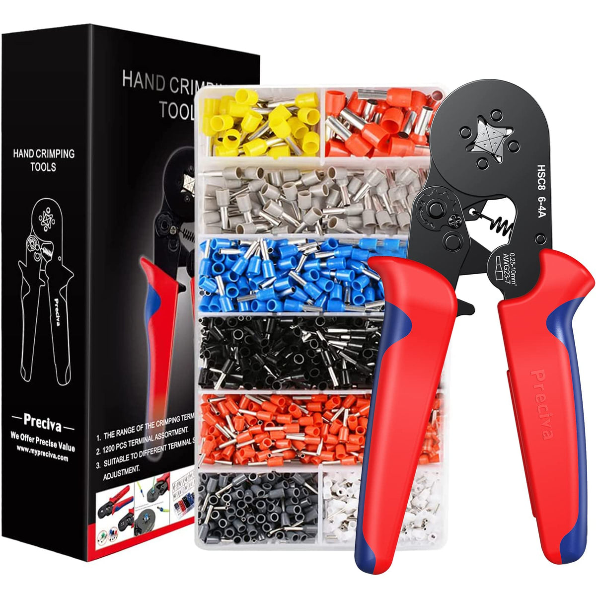 Crimping Plier Set, Preciva 0.25-10mm? Ferrule Crimper Tool with 1200 Wire End Connectors, Self-Adjustable Ratchet Bootlace Cables Crimp Tools,