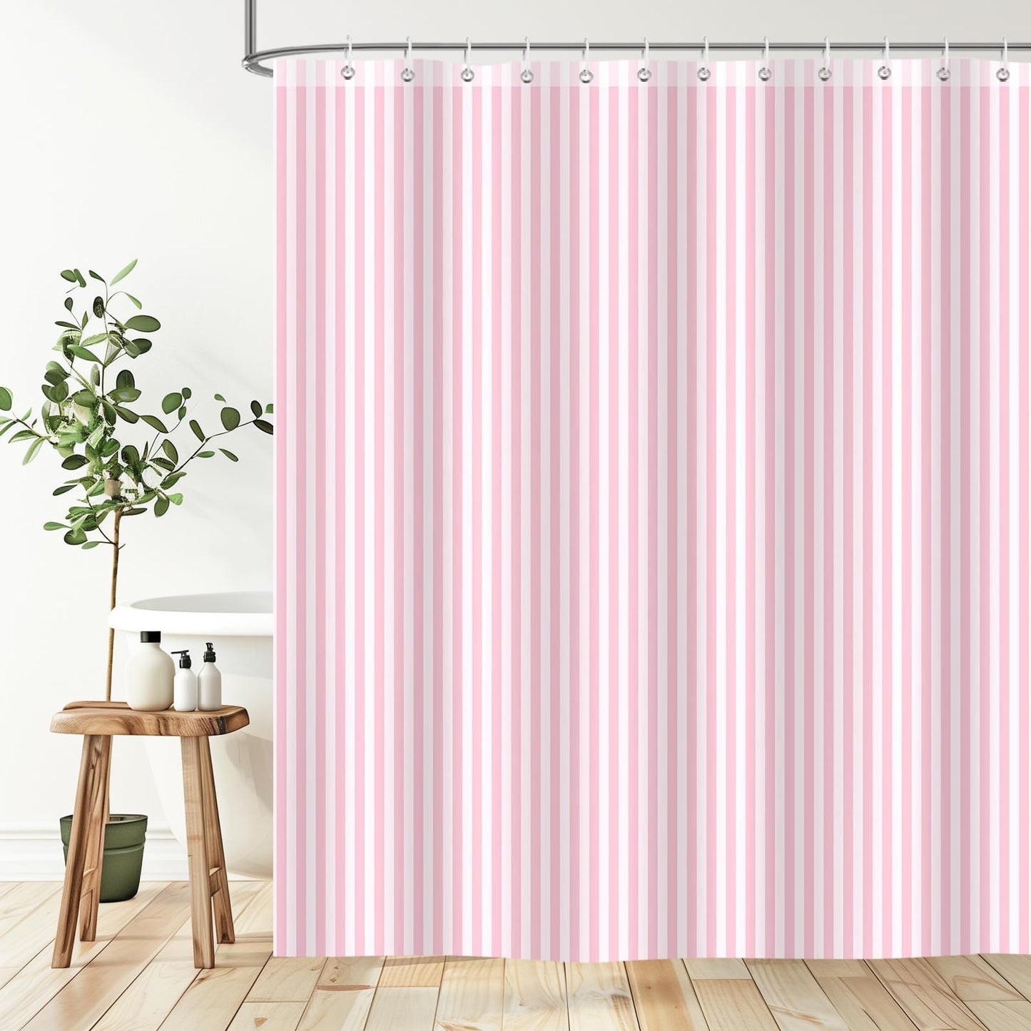 Hopomoon Pink and White Striped Shower Curtain,Vintage Pink Vertical Striped Geometric Waterproof Polyester Fabric Bath Curtain with 12 Hooks 72 x 72