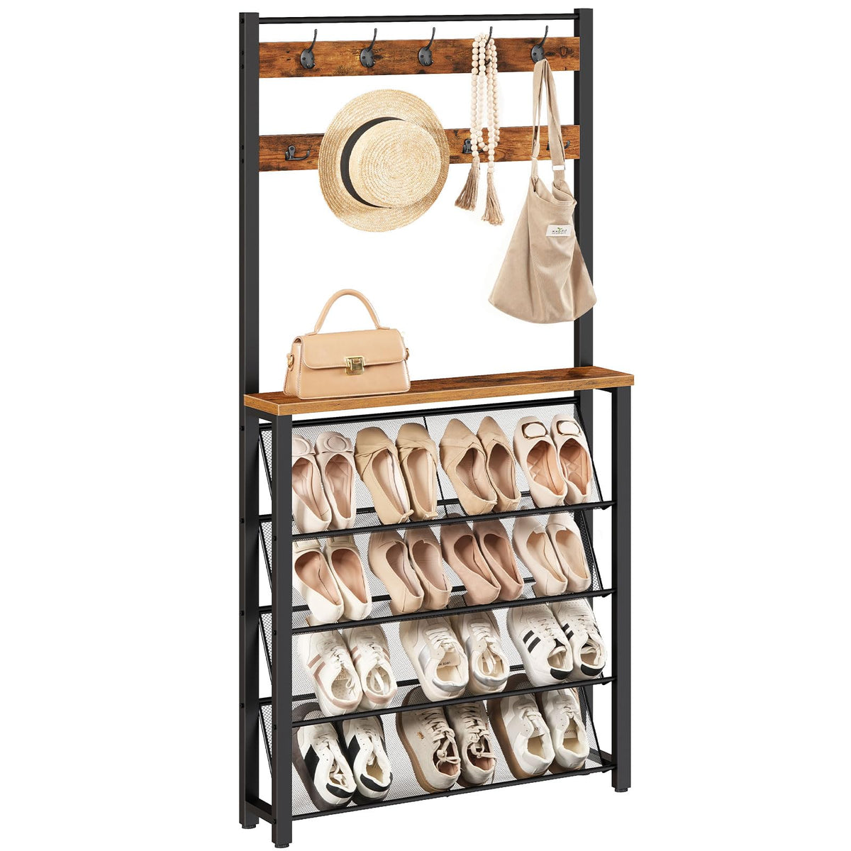 HOOBRO Coat Rack with Shoe Storage, Narrow Shoe Rack with Coat Rack and 9 Hooks, 5 Tier Slanted Storage Shelves, Coat Stand for Hallway, Entryway