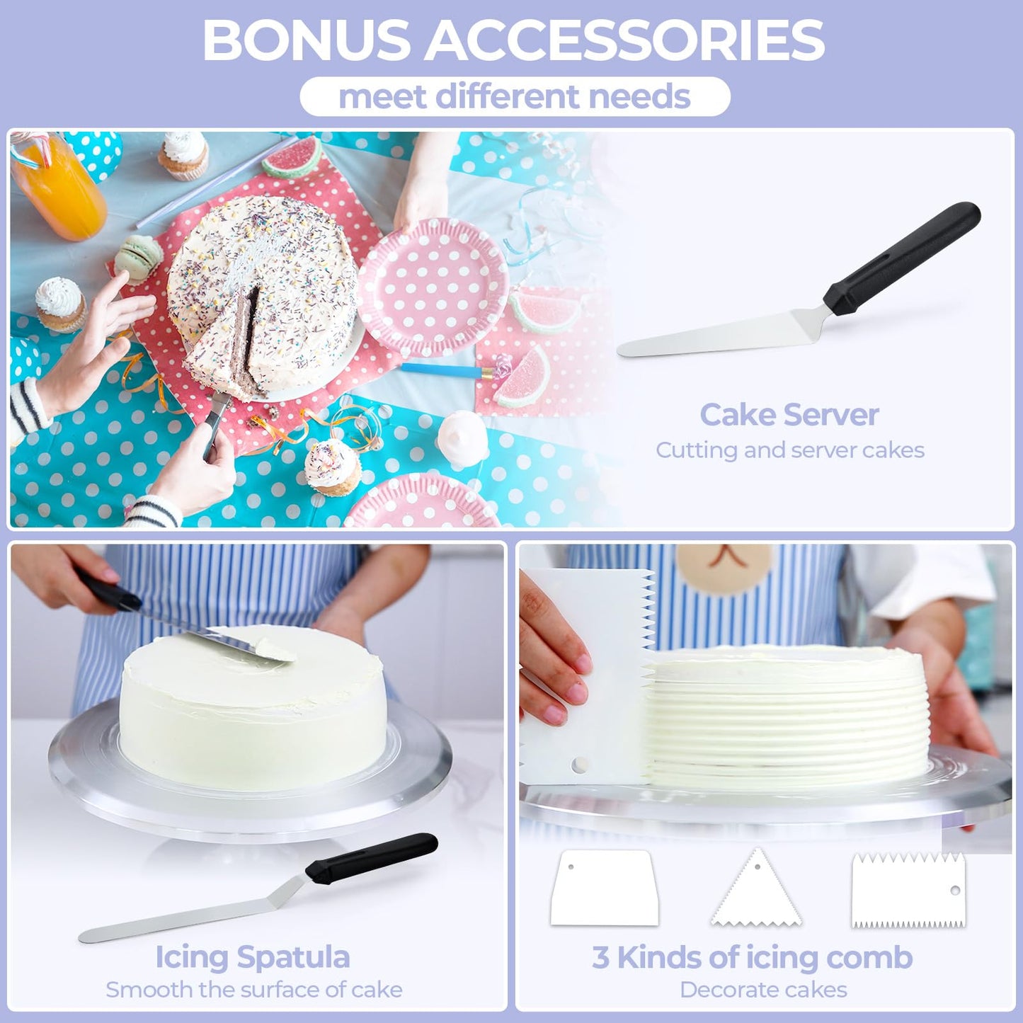 Cake Turntable, Ohuhu 12 Inch Cake Decorating Turntable, Aluminium Alloy Cake Rotating Stand with 2 Icing Spatula and 3 Comb Icing Smoother, for