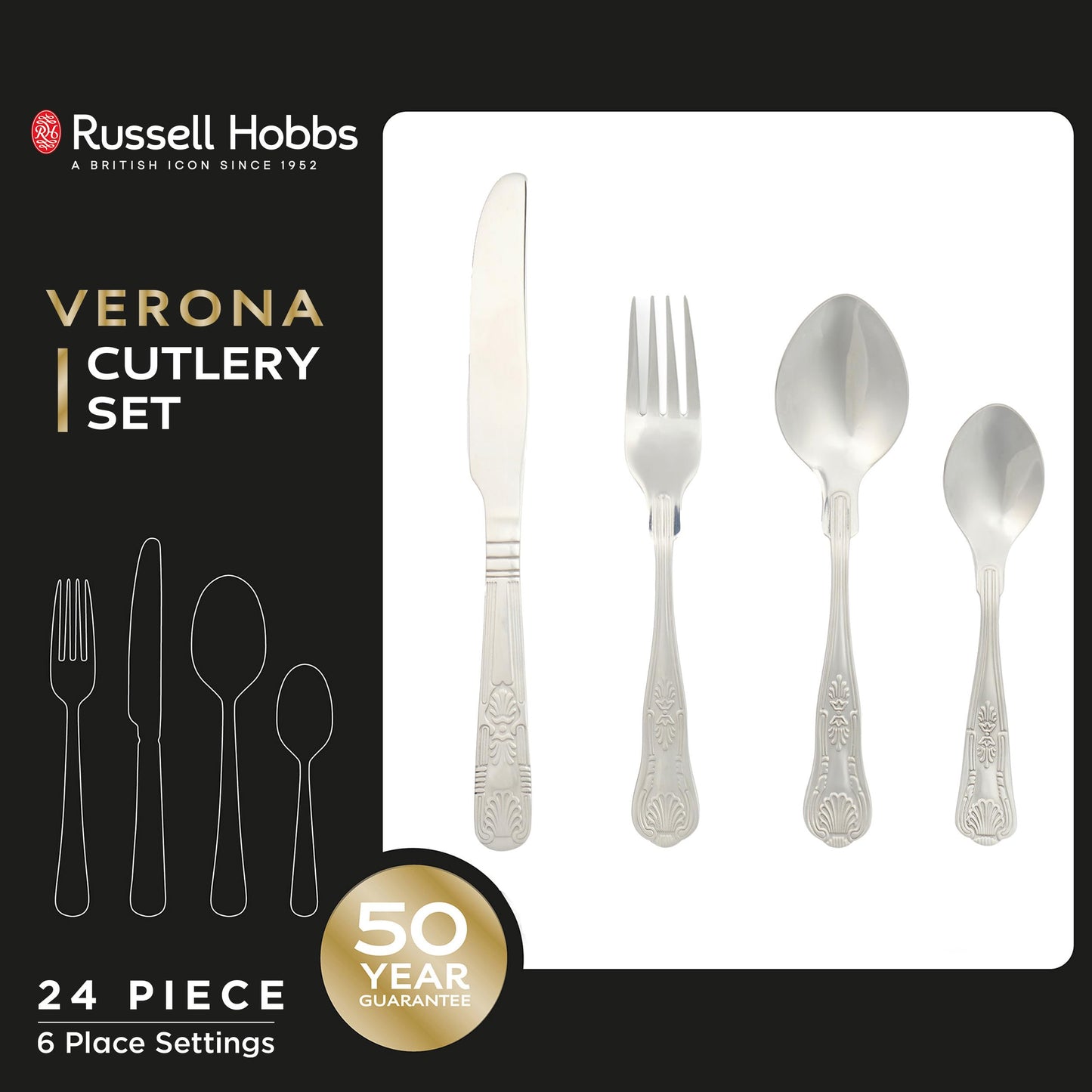 Russell Hobbs COMBO-8758 Verona Cutlery Set  72 Piece 18/10 Stainless Steel, Table Utensils for 18 Place Settings, Dishwasher Safe,