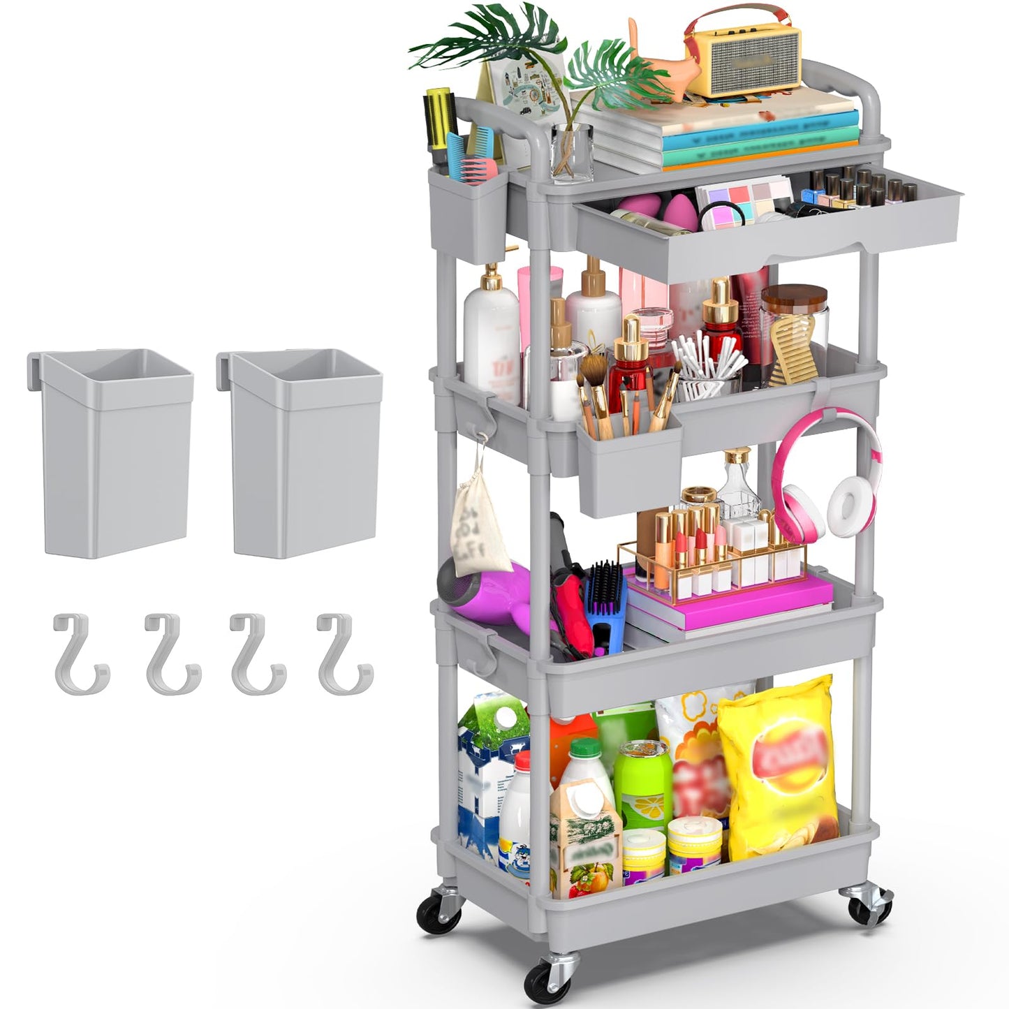 Yeabett 4 Tier Storage Trolley with Drawer, Utility Cart with Plastic Shelf & Lockable Wheels Multifunctional Storage Cart for Kitchen, Bathroom