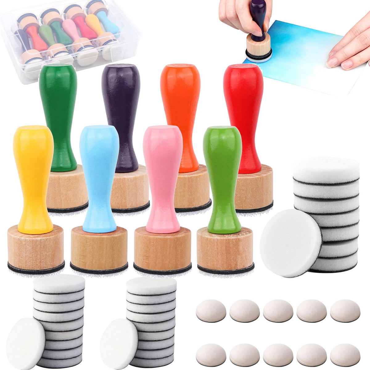 47 Packs Ink Blending Foam Pads Set, Includes 8 Pcs Round Mini Applicator Tools and 38 Pcs Replacement Foam Pads in 1 Storage Box for Drawing,