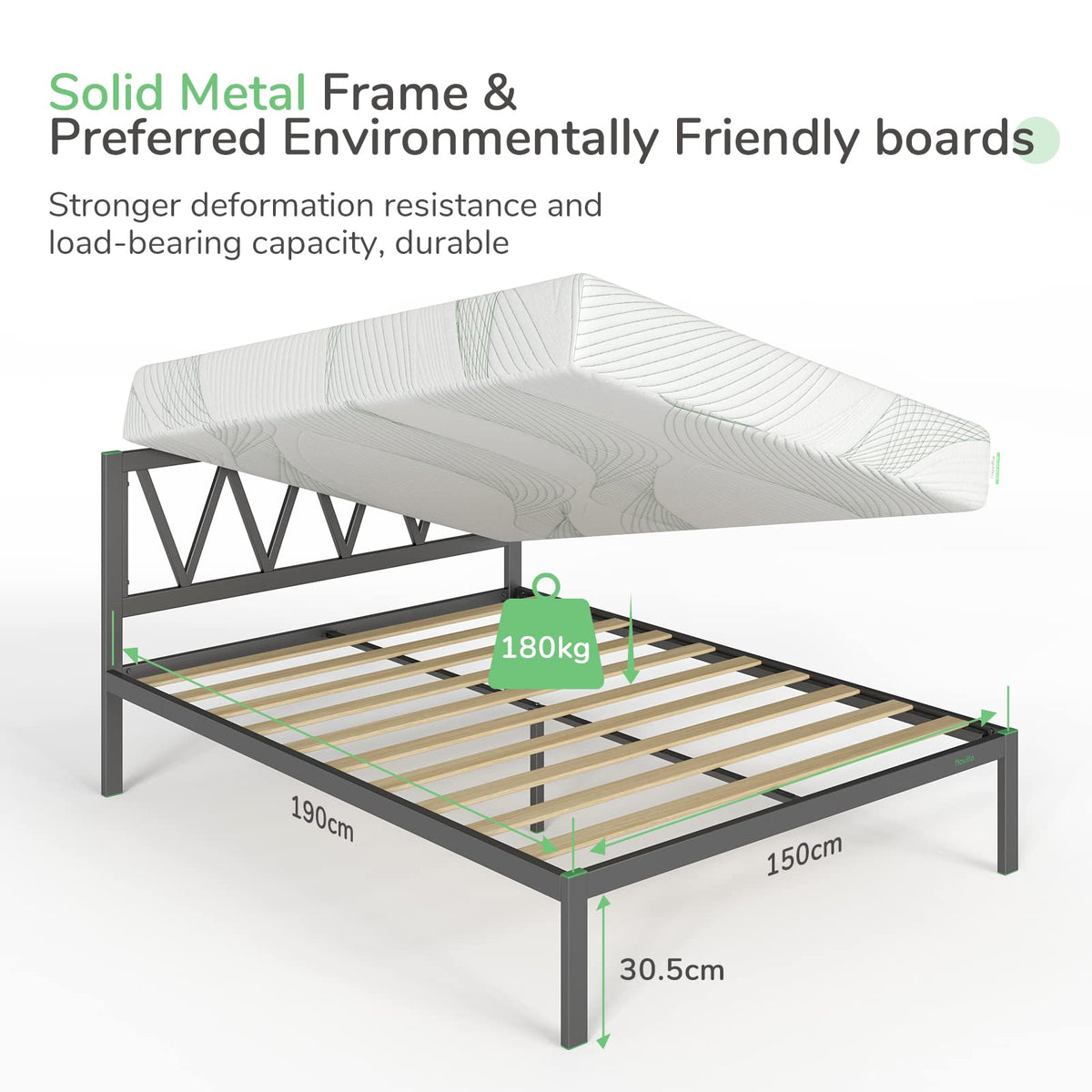 Novilla 30.5cm Metal Bed Frame, 5FT Platform Bed Frame with Headboard, Engineered Wood Slat Support, Solid Support Leg, Easy Assembly