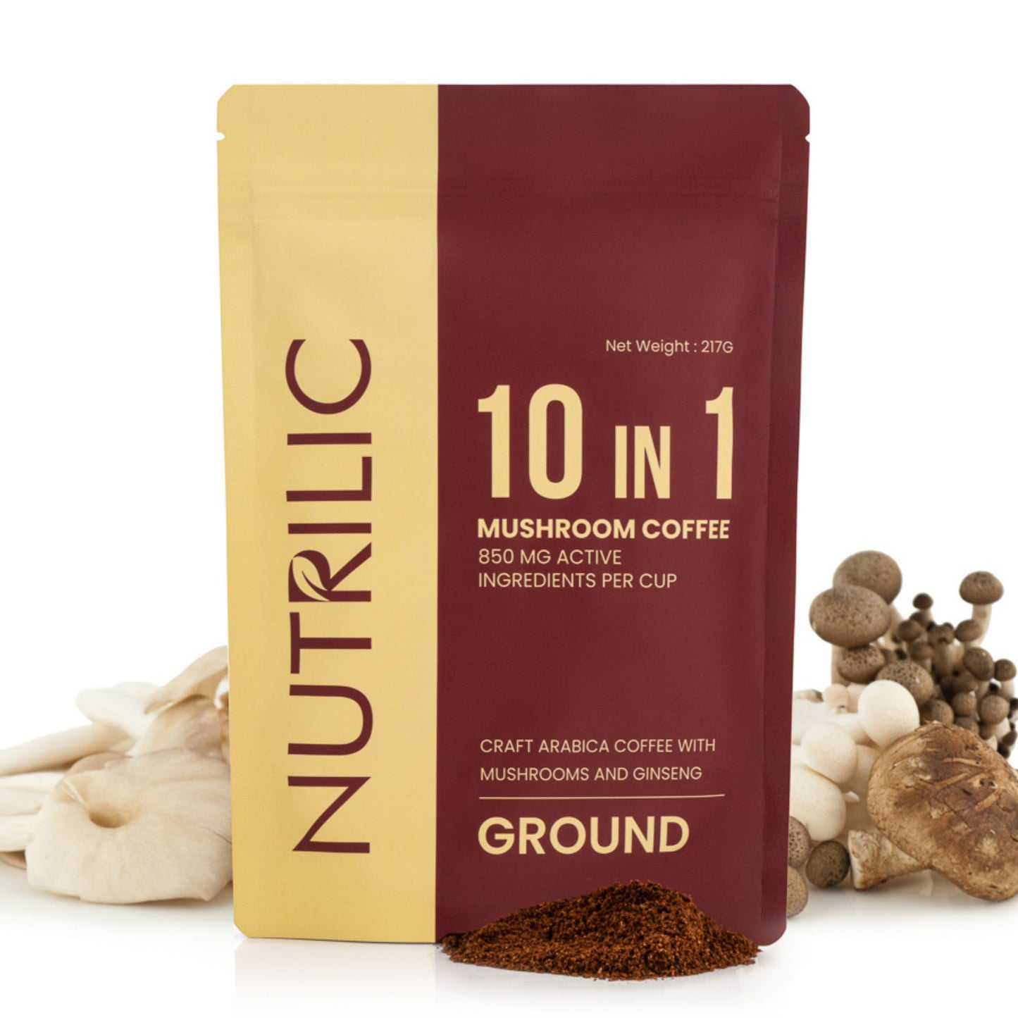 Nutrilic 10 Mushroom Ground Coffee Arabica Blend with Lions Mane, Chaga, Reishi, Shiitake, Cordyceps, Ginseng, Tremella, Golden Mushroom and Maitake