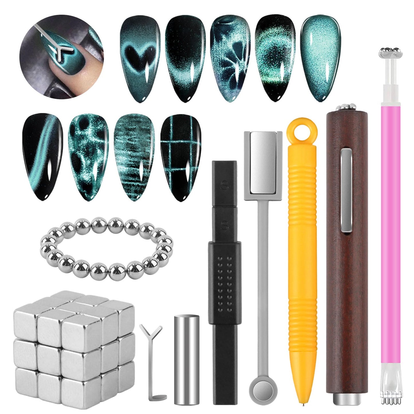 TOROKOM 54 PCS Cat Eye Nail Magnet Set, 3-in-1 Magnetic Nail Art Tools Kit for Gel Polish, Multi-Pattern Nail Design Accessories for DIY and Salon Use