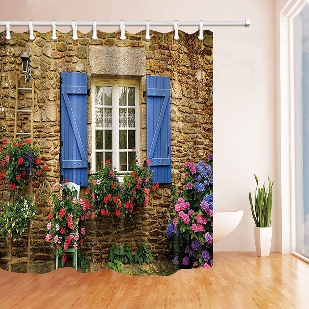 YUAOEUR 3D Home Garden Curtain Shower Curtain Stone Wall Blue Wooden Window and Flowers Plants Scenery Bathroom Decoration Curtains with Hook 71X 71