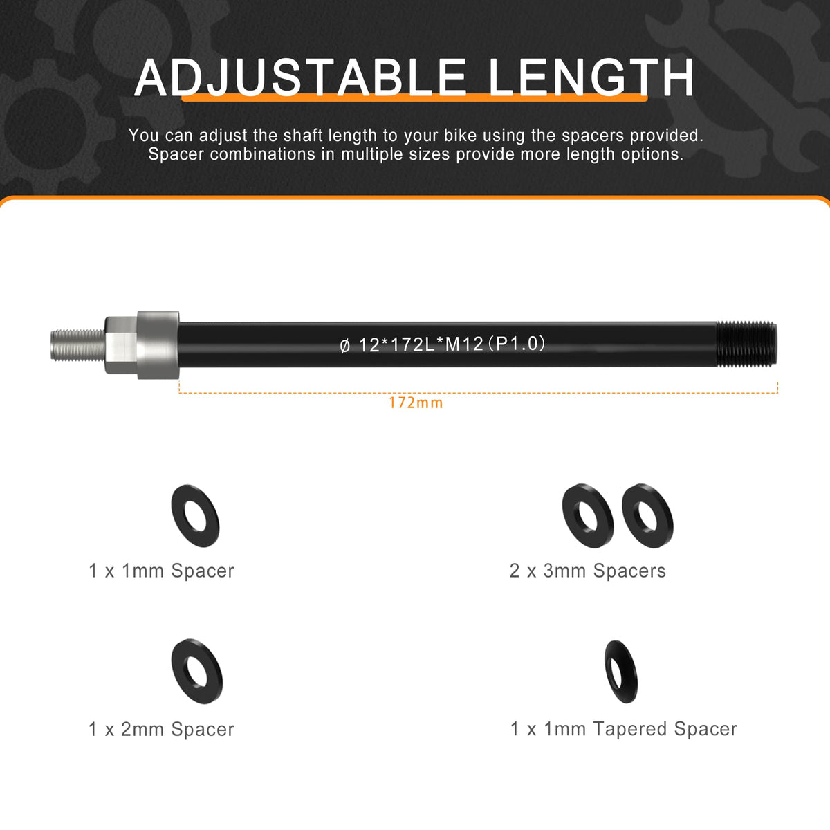 NICEDACK Thru Axle Adapter, M12 x 1.0-160-172mm for Bike Trailer Hitch, 12mm Thru Axle with 1.0 Thread Pitch, Thru-Axle Adapter with a Length
