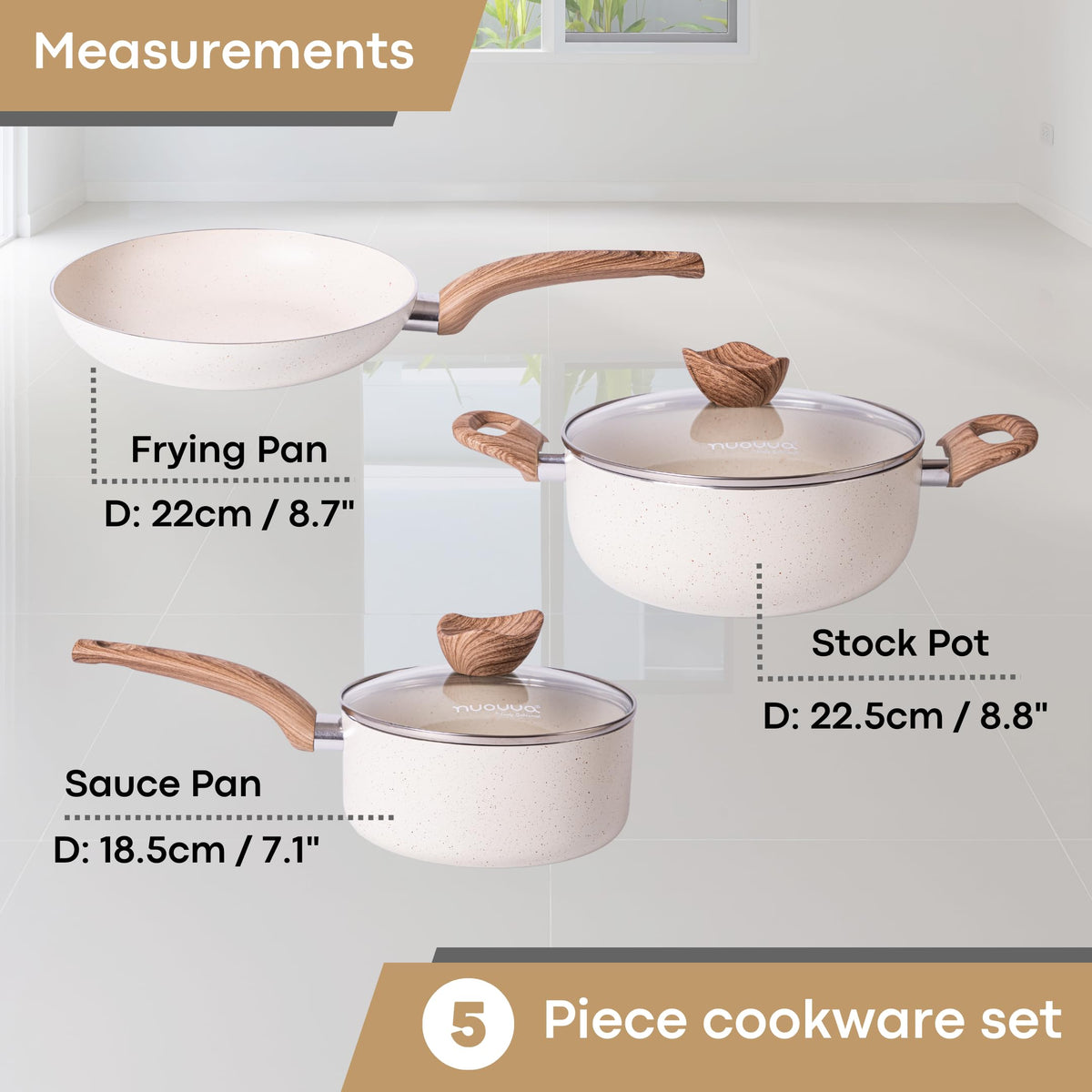 Non Stick Pots and Pans Set  Induction Hob Pots Set  5pcs Kitchen Cookware with Lids  Cooking Cream Granite Saucepan Pots and Frying Pans  by