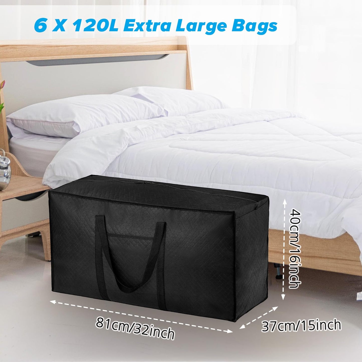 iespell 6 Pack 120L Large Moving Boxes with Lid, Storage Bags, Heavy Duty with Zips and Handles for Moving House, Clothes, Duvet, Underbed