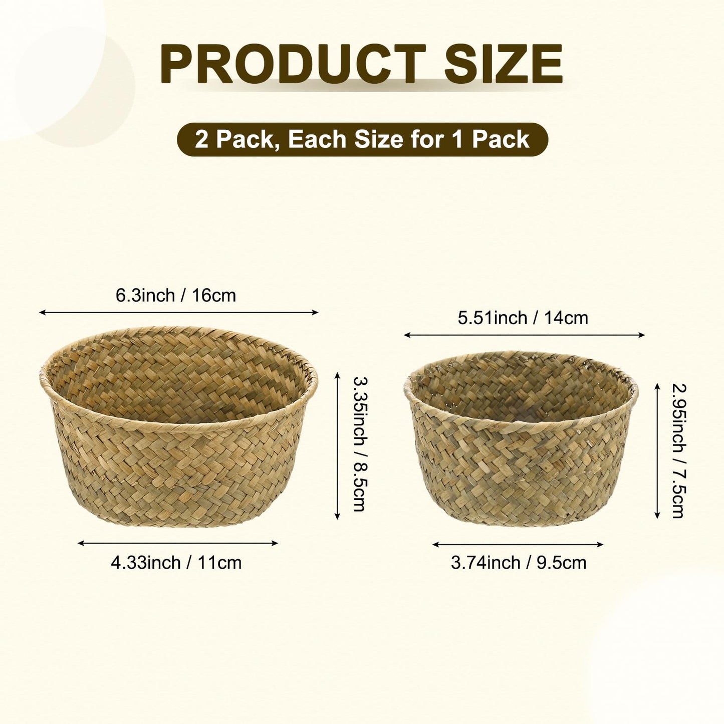 M METERXITY 2-Pack Natural Seagrass Woven Storage Basket, Small Round Storage Seaweed Woven Sundries Baskets for Fruit/Kitchen/Desktop/Household
