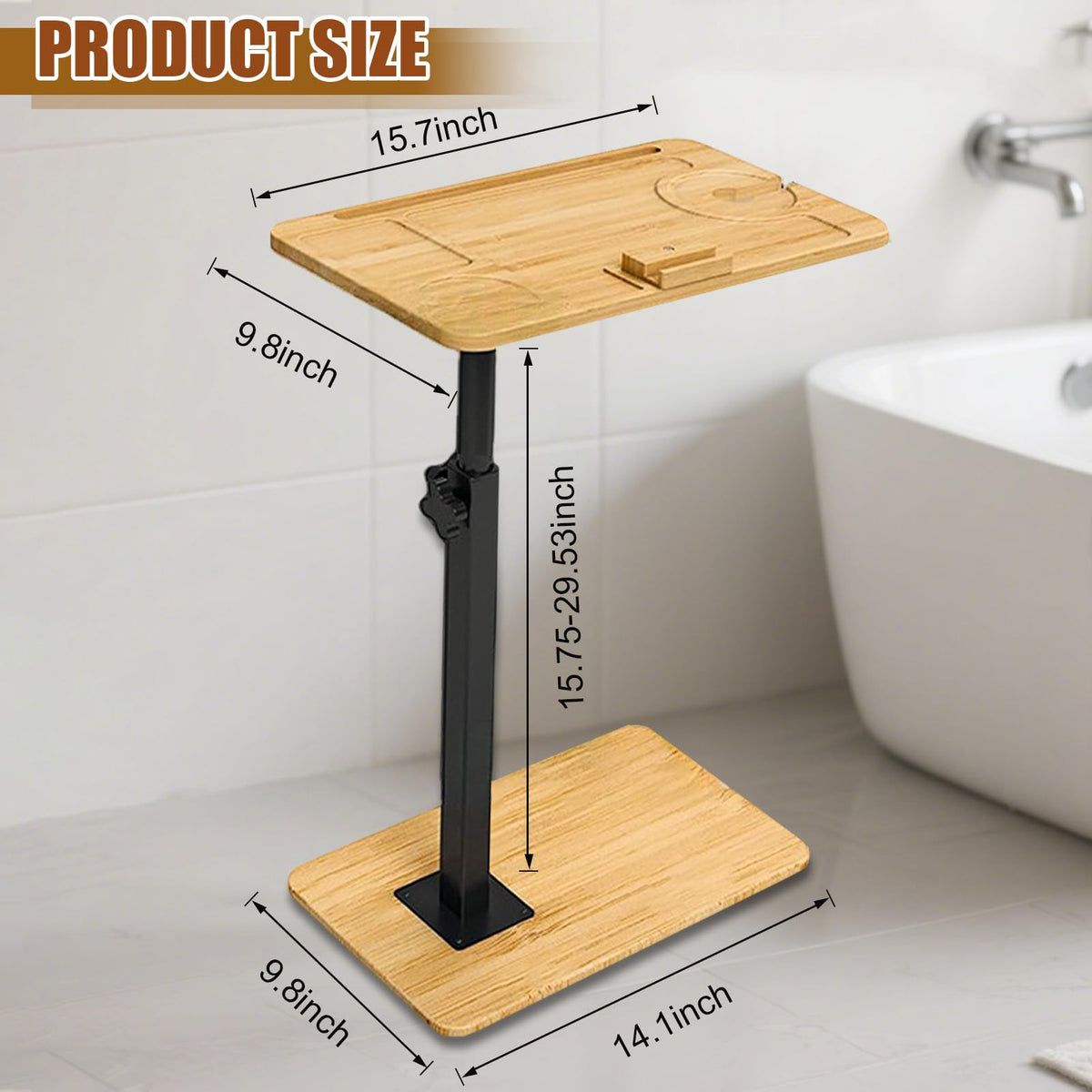 YASHIIN Bamboo Rotating TV Tray,Adjustable Height,Sofa Side Table,with Phone and Tablet Slot, Bedside Table for Living Room Sofa or Bedroom