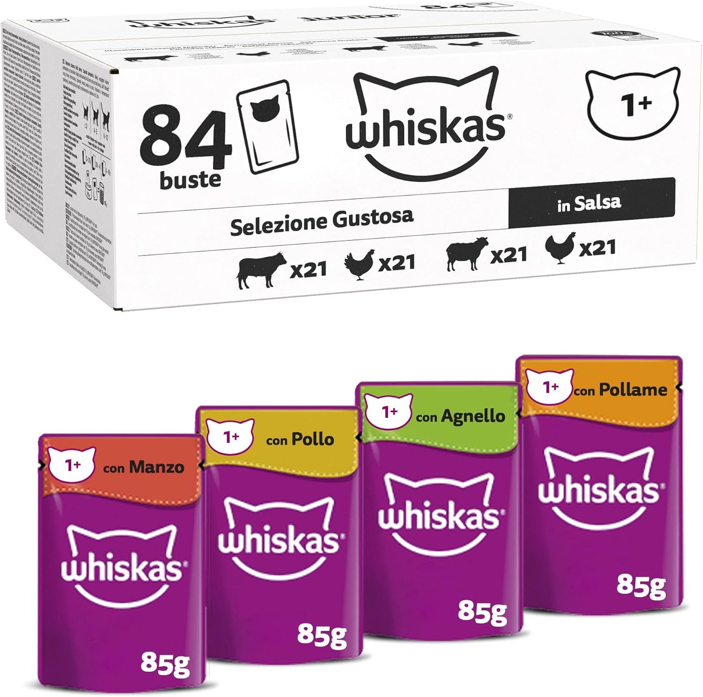 1+ Adult Classic Selection in Gravy 84 Pouches, Adult Wet Cat Food, Megapack (84 x 85 g)