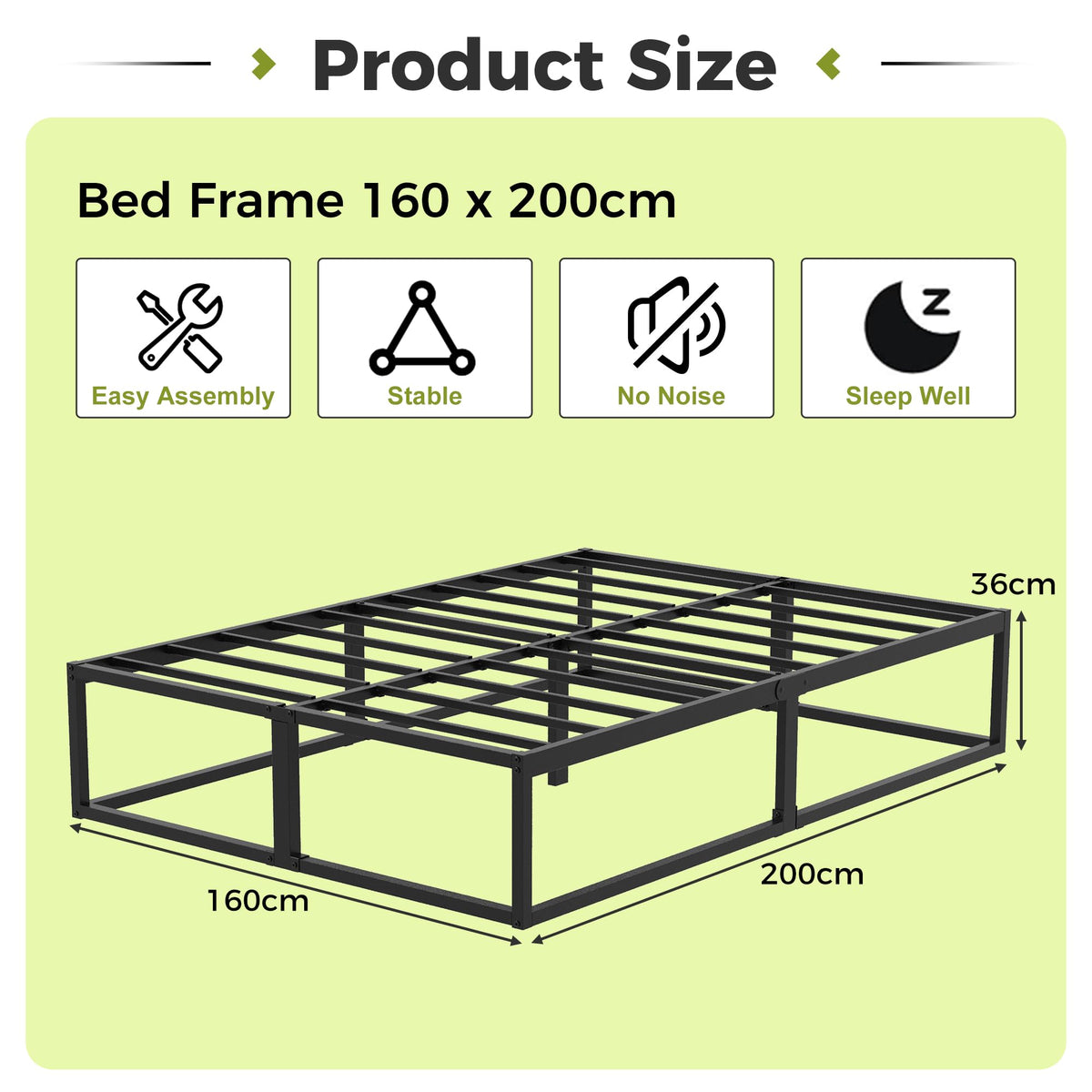 EMODA Metal Bed Frame 160 x 200cm with Steel Slats Support, Black