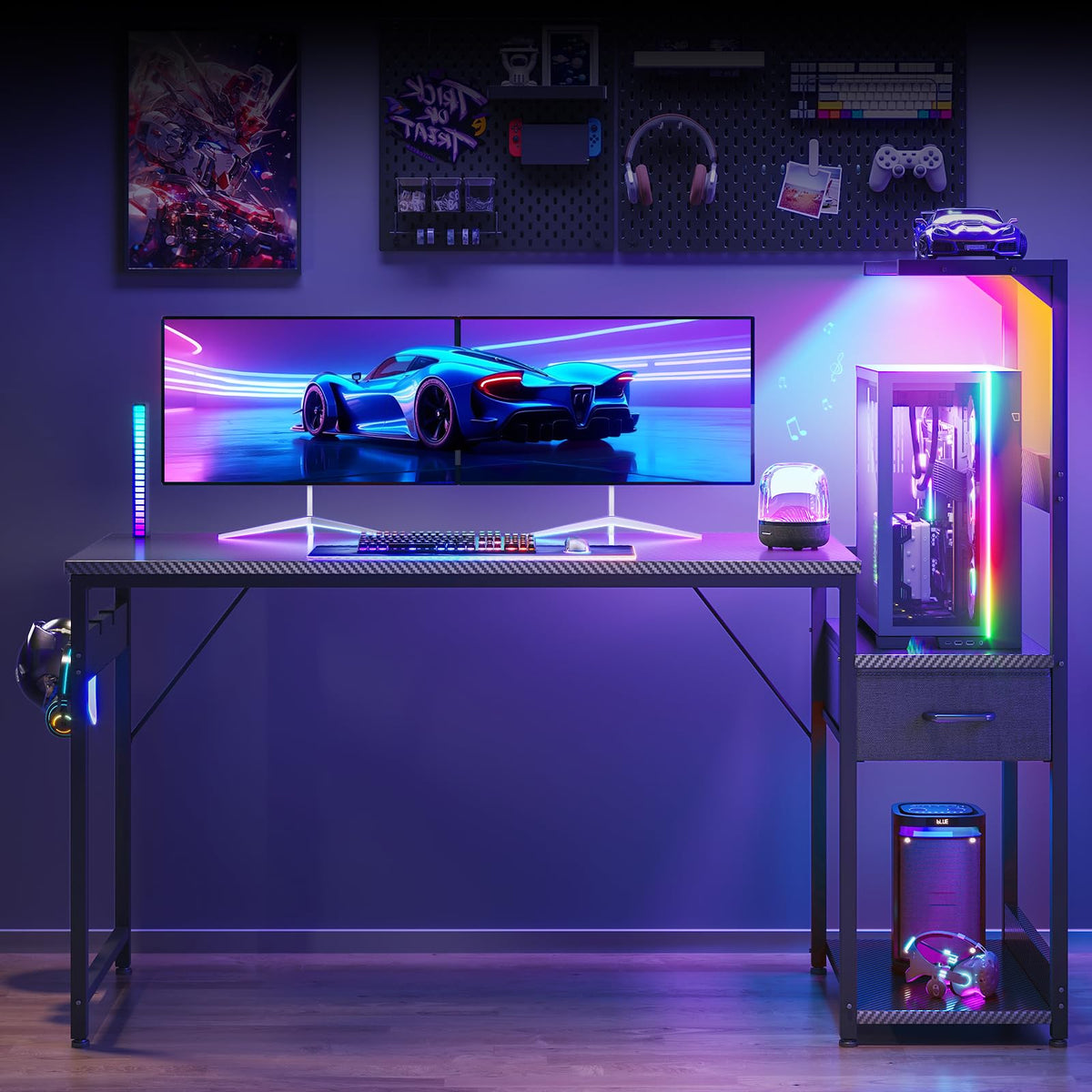 Coleshome 138×48 cm Gaming Desk with LED Lights, Carbon Fiber Black