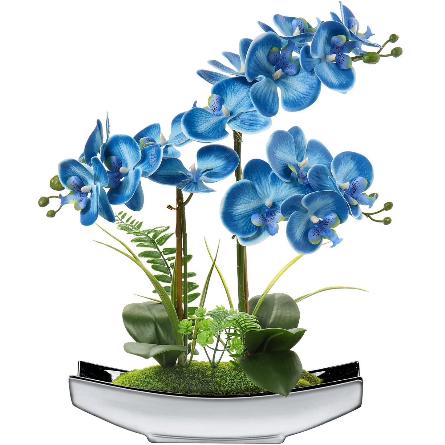 Briful 15" Artificial Phalaenopsis Flowers Arrangement Artificial Orchid Bonsai in Silver Pot Fake Flowers Silk Orchid Flower for Table Centerpieces