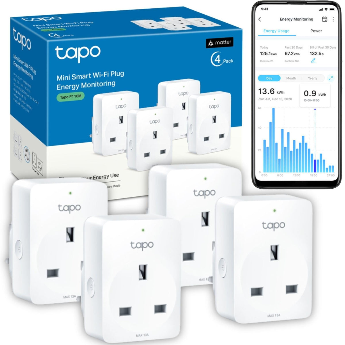 Tapo P110M (4-pack) Smart Plug, WiFi Plug, Energy Monitoring, Electricity Usage Monitor, MATTER Certified, App Remote Control, Alexa, Voice Control