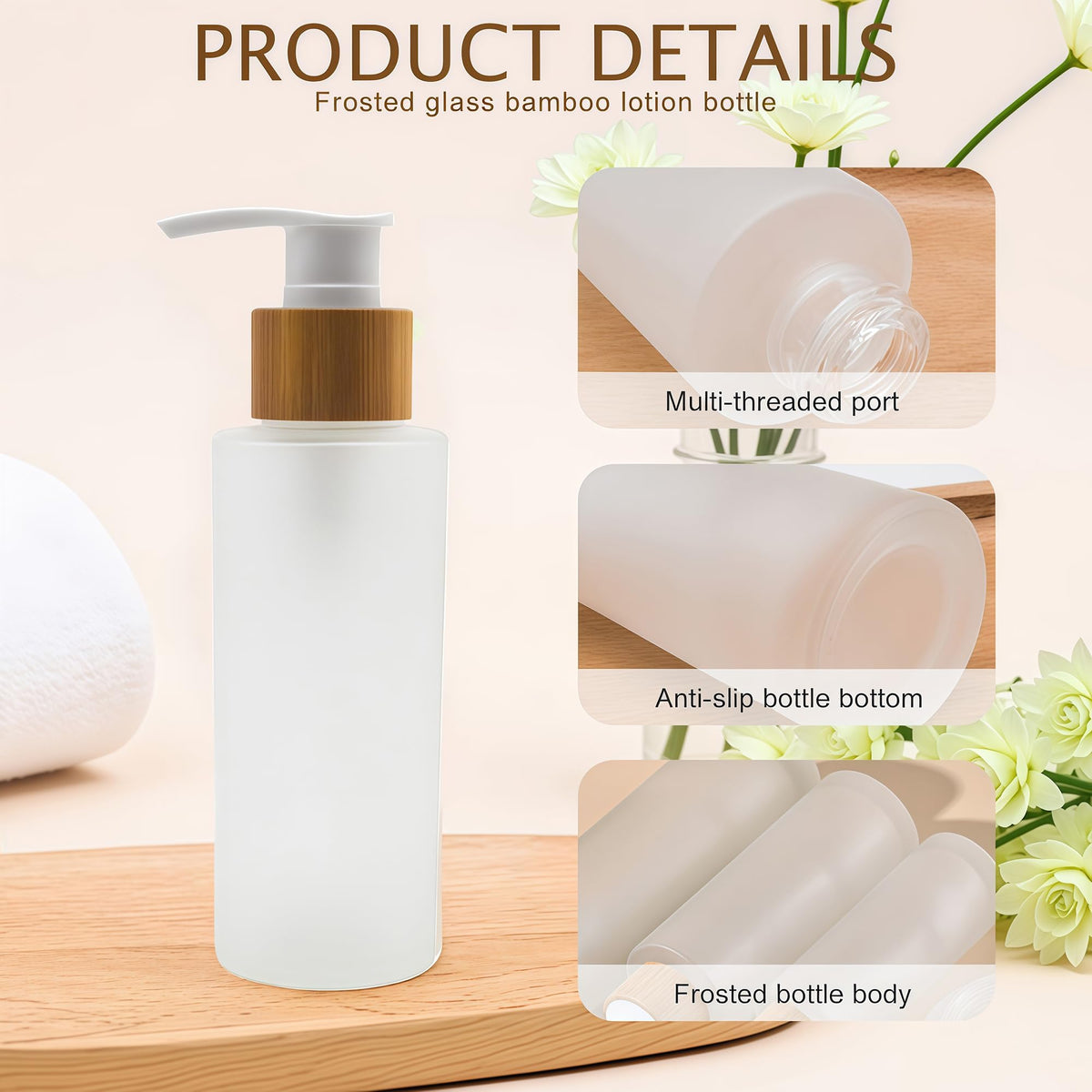 Bamboopack 120ml/4oz Frosted Glass Lotion Pump Bottle with Bamboo Screw