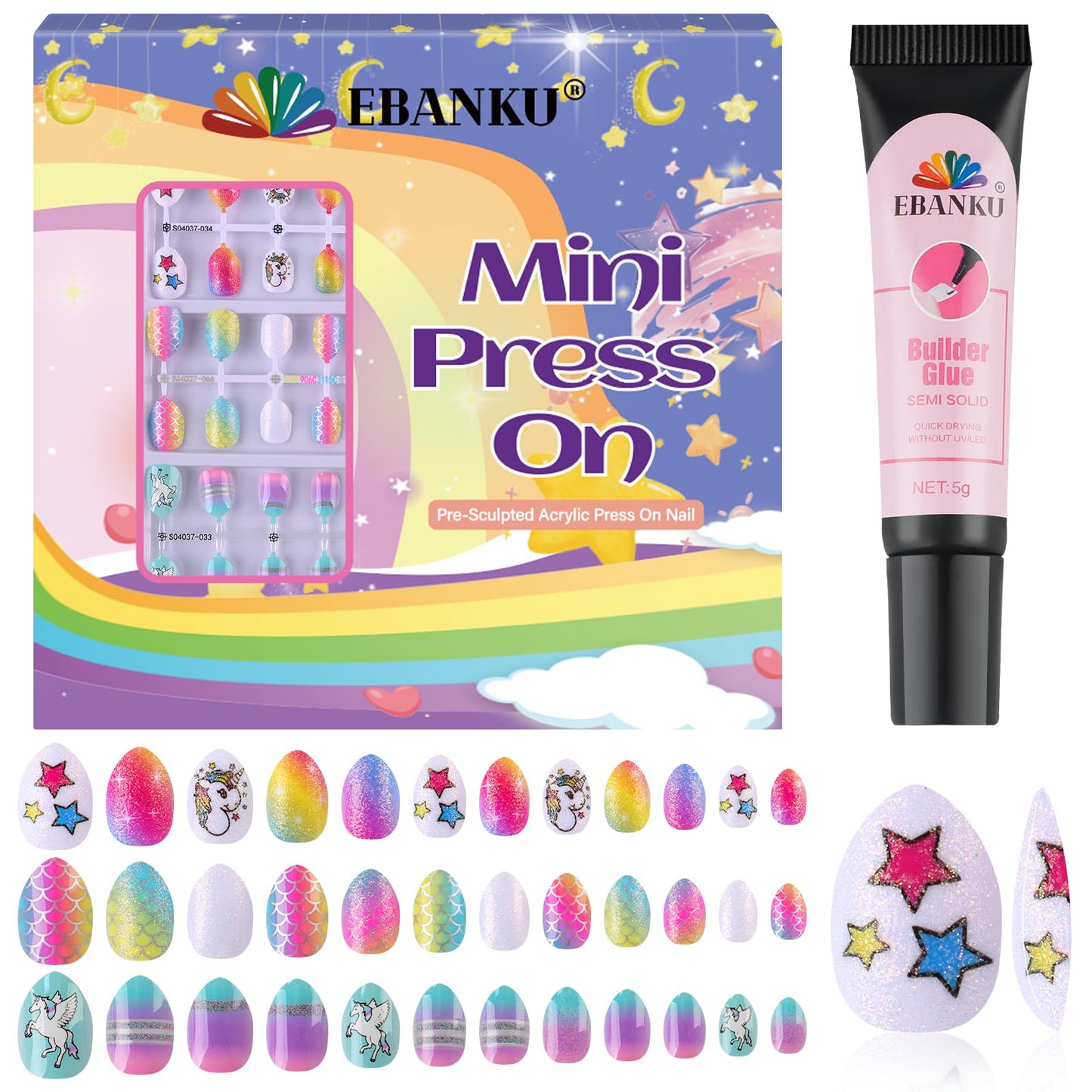 EBANKU Press on Nails Girls, 72Pcs Fake Artificial False Nail Tips Full Cover Star Cute Patterns Design Acrylic Nails with Nail Glue for Halloween