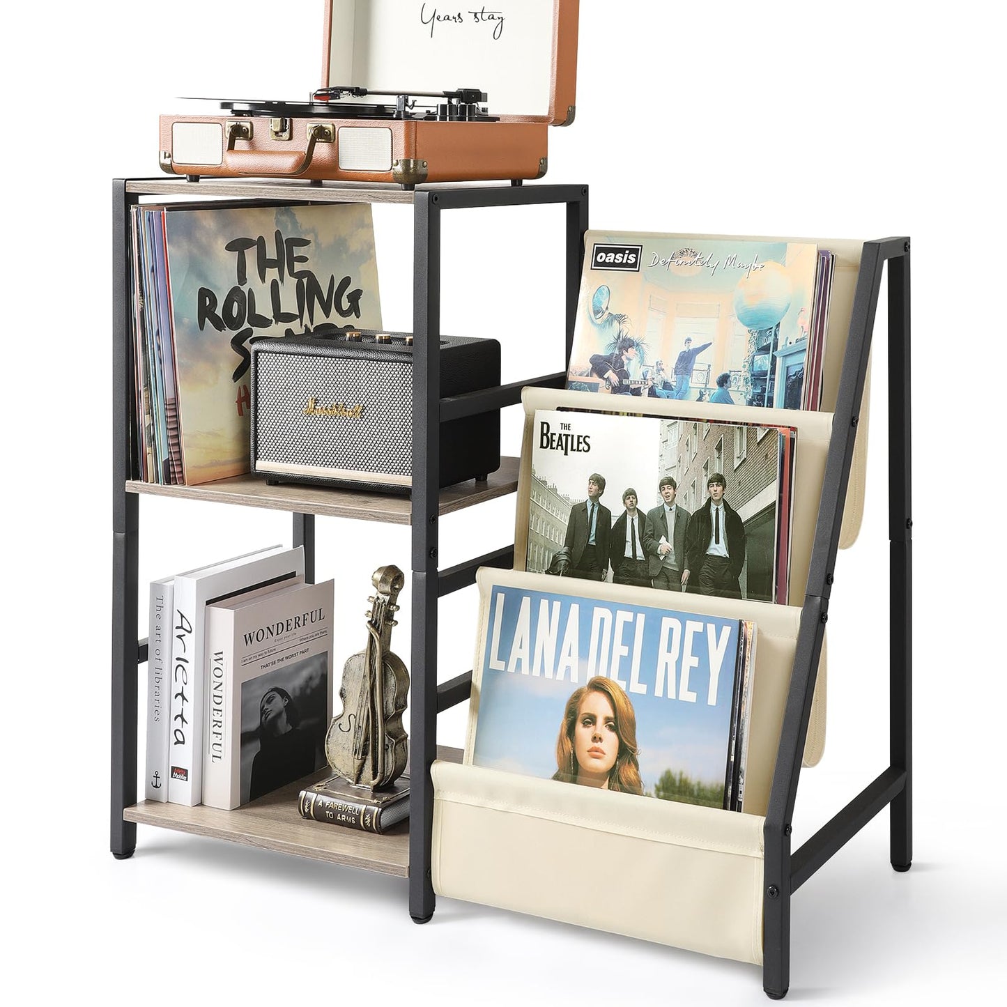 Bikoney Record Player Stand, End Table with 3-Tier Vinyl Record Storage, Record Player Table Up to 200 Albums, Turntable Stand for Vinyl Records,