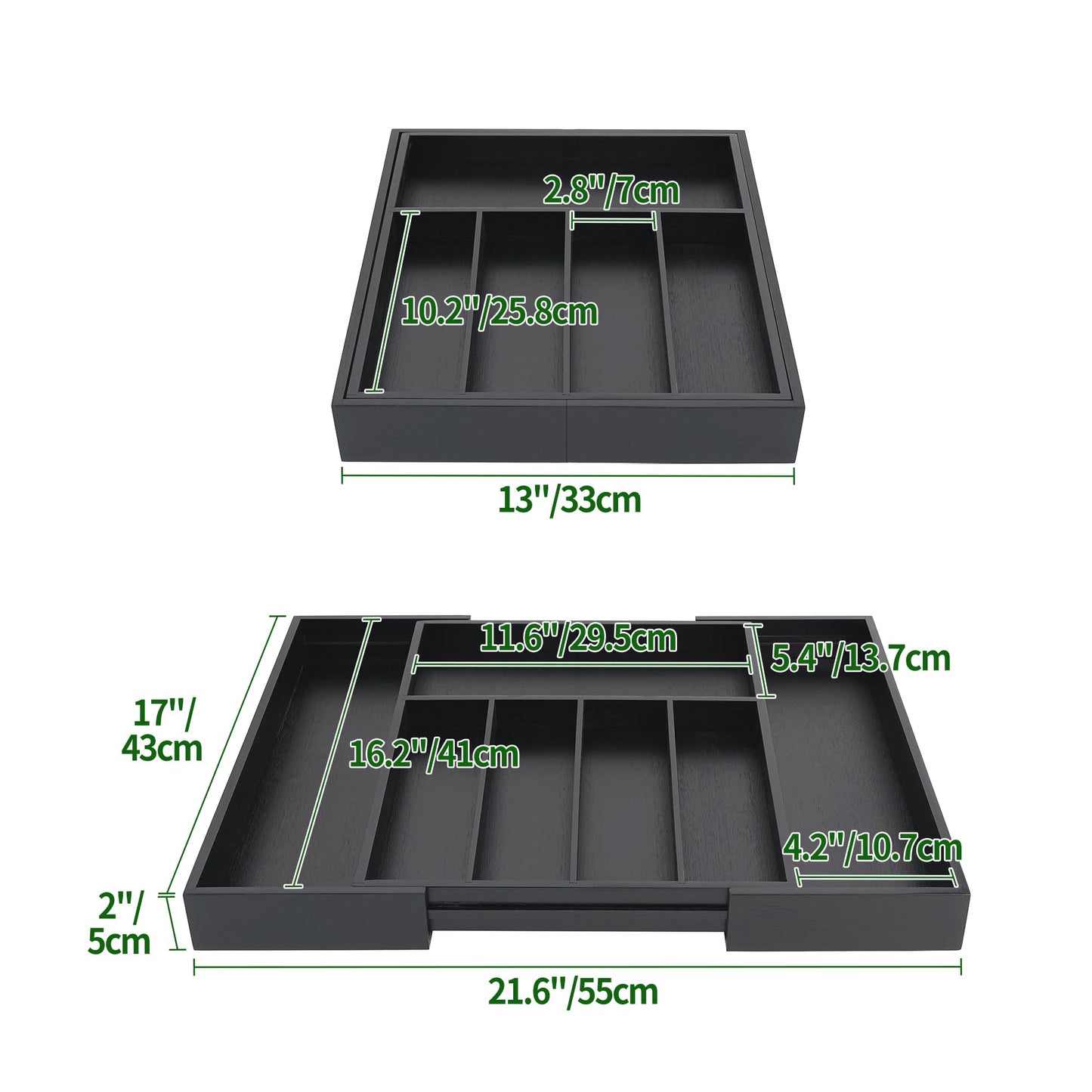 VaeFae Bamboo Drawer Organizer, Expandable Silverware Drawer Dividers and Cutlery Tray for Kitchen Utensils and Flatware (Black)