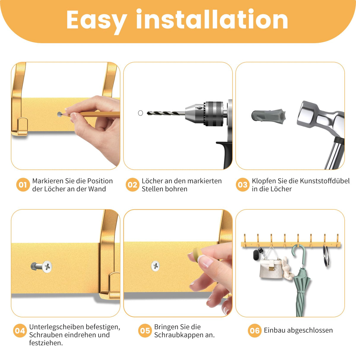 MEIJO Coat Hooks Wall Mounted Stainless Steel, Gold Coat Rack Wall Mounted with 4 Hooks Heavy Duty Coat Hooks for Door, Bathroom, Bedroom, Kitchen
