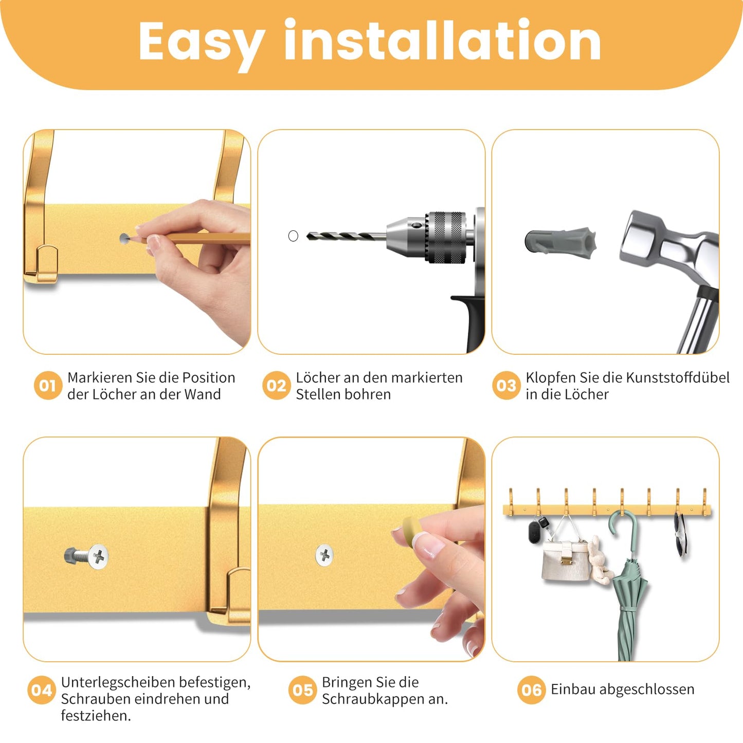 MEIJO Coat Hooks Wall Mounted Stainless Steel, Gold Coat Rack Wall Mounted with 8 Hooks Heavy Duty Coat Hooks for Door, Bathroom, Bedroom, Kitchen