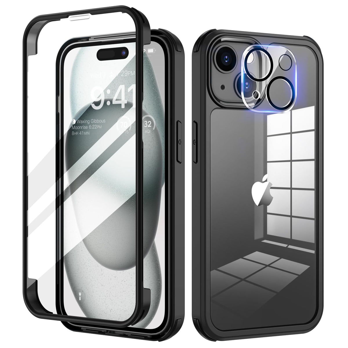 seacosmo for iPhone 15 Case 6.1 Inch, Full-Body Shockproof Case with Built-in Glass Screen Protector and Camera Lens Protector Rubber Bumper Phone
