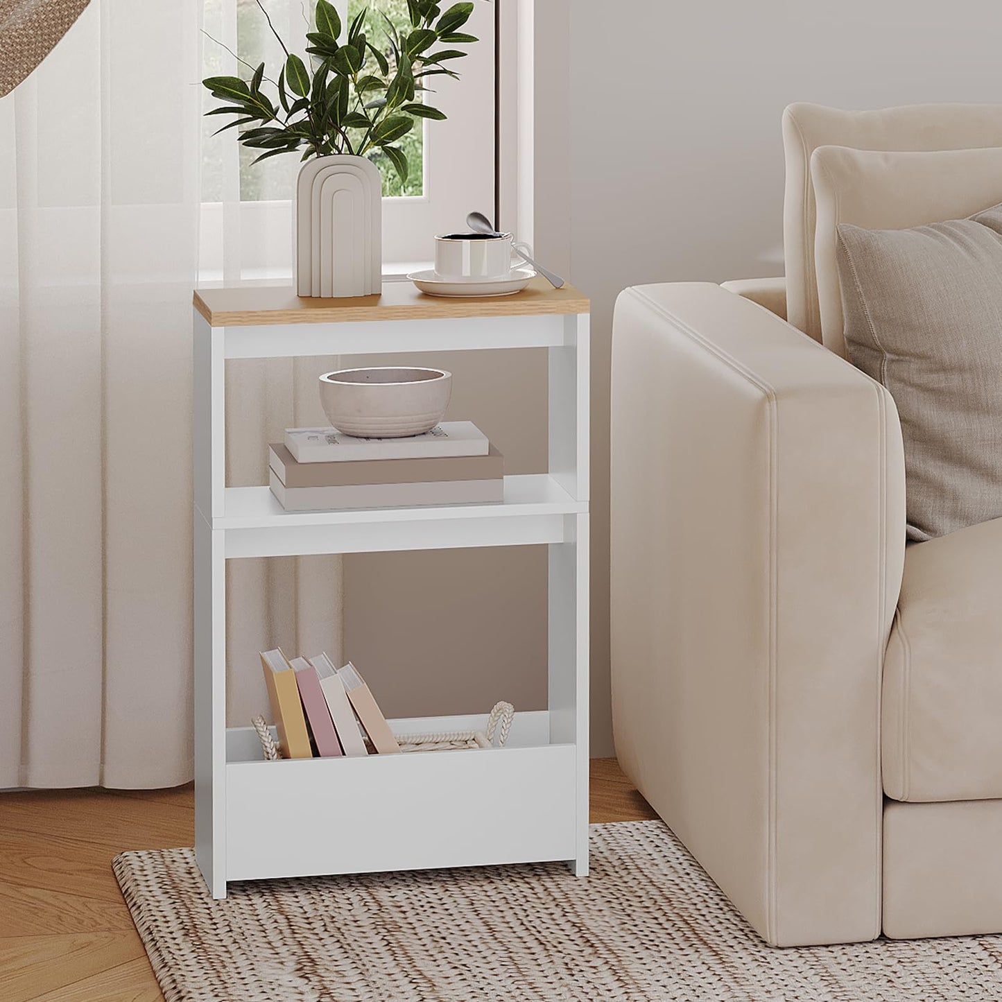 MAHANCRIS 3-Tier Narrow Side Table, End Table with Magazine Rack, Nightstand for Living Room, Bedroom, Study, Kitchen, Balcony