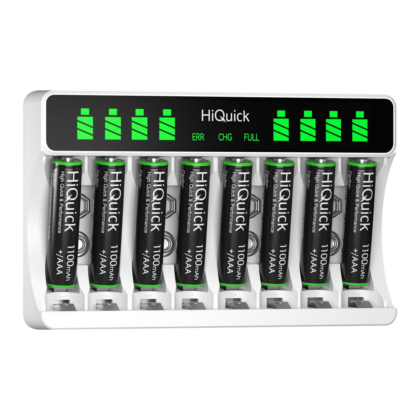 HiQuick 8-slot AA AAA LCD Battery Charger, 5V 2A Fast Charging Function, Type C Input, with 8 x 1100mAh AAA NI-MH Rechargeable Batteries, Battery and