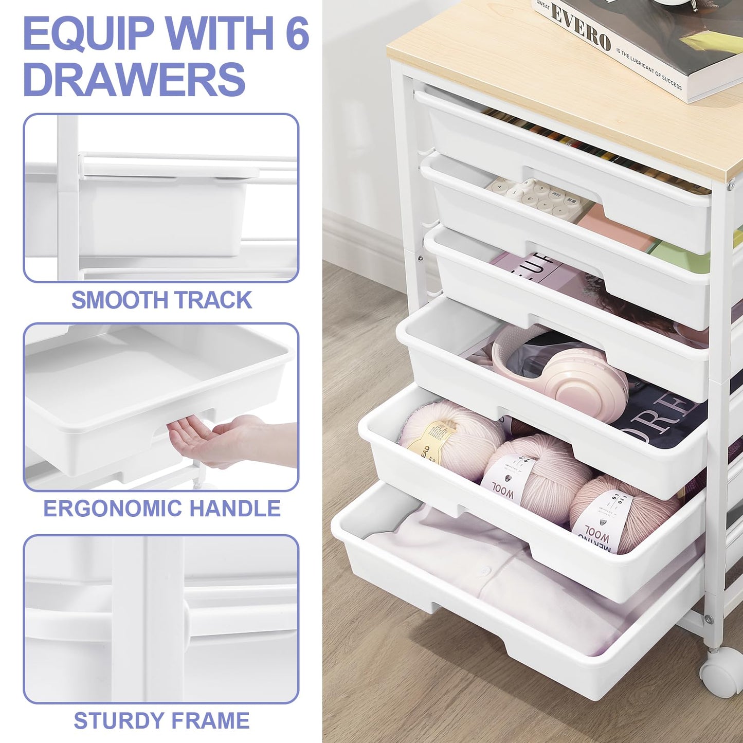 SYKIARIOL 6-Drawer Storage Trolley Rolling Cart, White