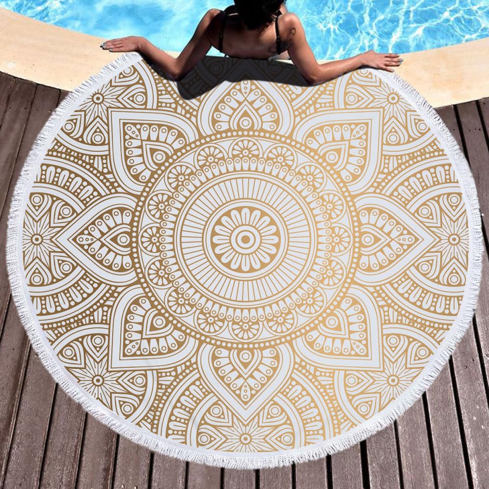 Besports Round Beach Blanket Mandala Tapestry Picnic Table Cover Beach Towel