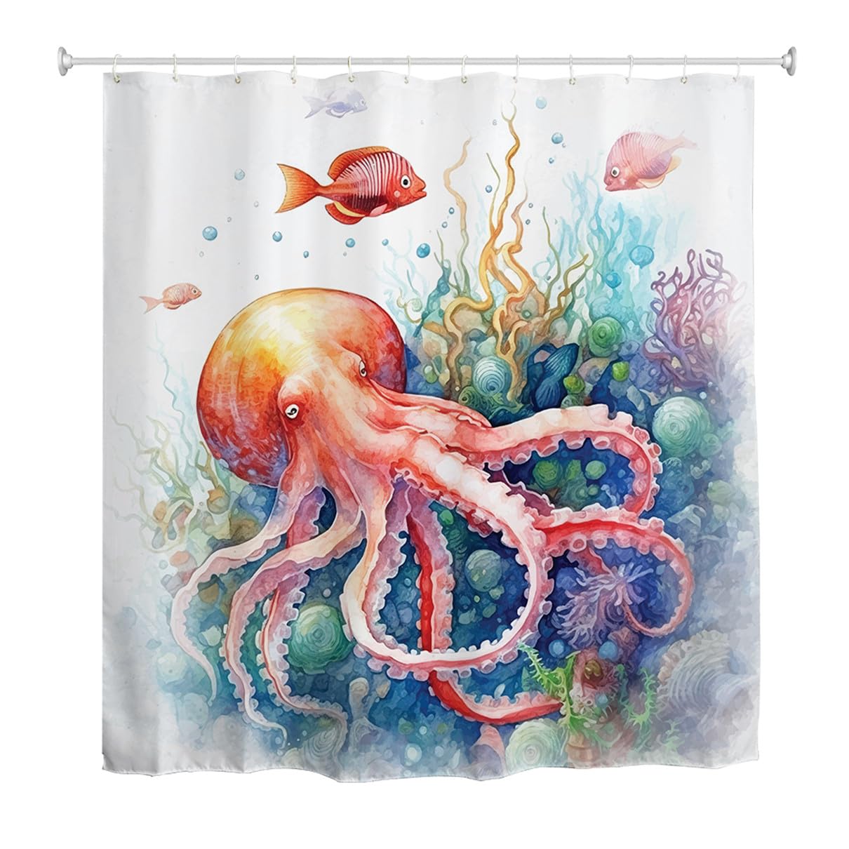 goodbath Octopus Shower Curtain 200cm drop, Watercolor Deep Ocean Sea Waterproof Fabric Bath Curtains for Bathroom Bathtub, 180 x 200cm