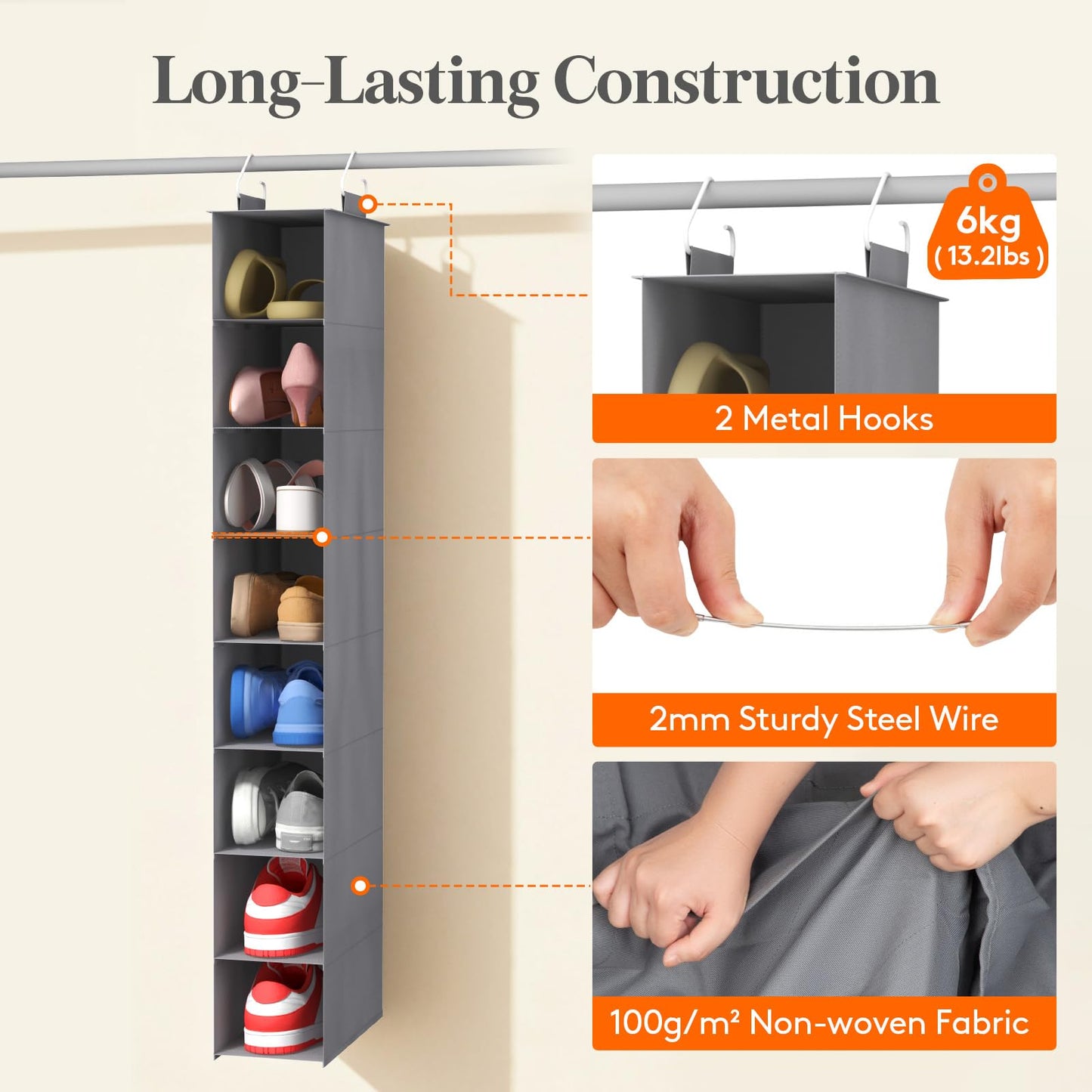 Lifewit 8 Section Hanging Shoe Organizer for Closet, Foldable Fabric Shoes Storage with Two Sturdy Hangers, Closet Organizers and Storage for Shelves