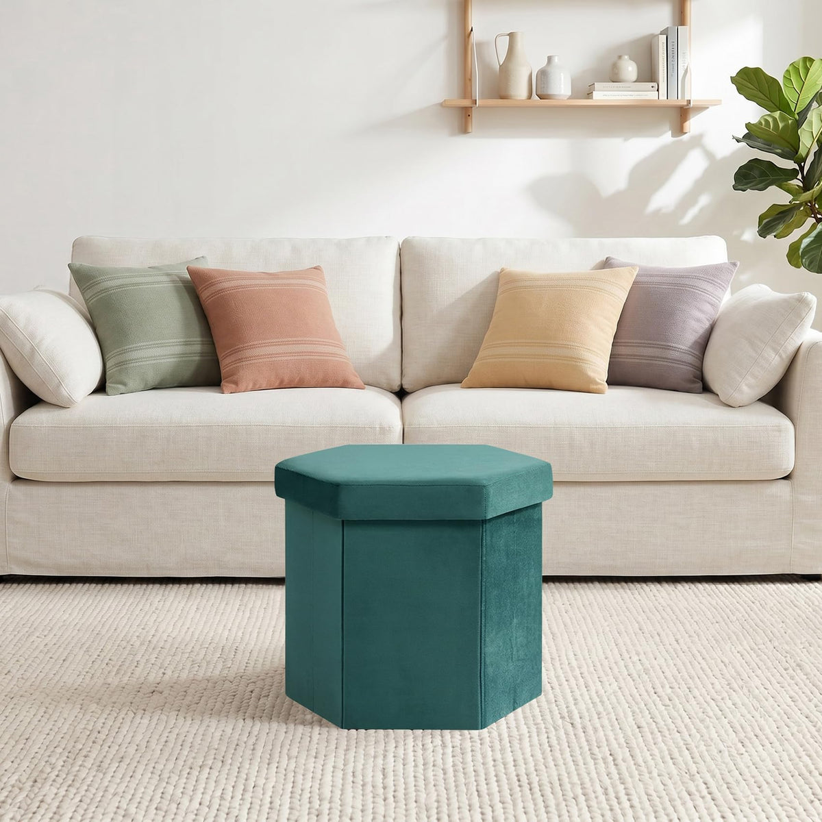 PINPLUS Hexagonal Storage Ottoman, Velvet Foldable Footstool, Teal