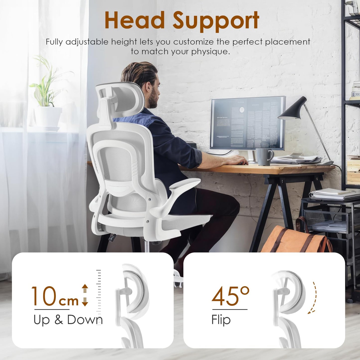 Farini High Back Executive Office Chair - Adjustable Ergonomic Support with Flip-Up Armrests, Swivel Desk Chair in White