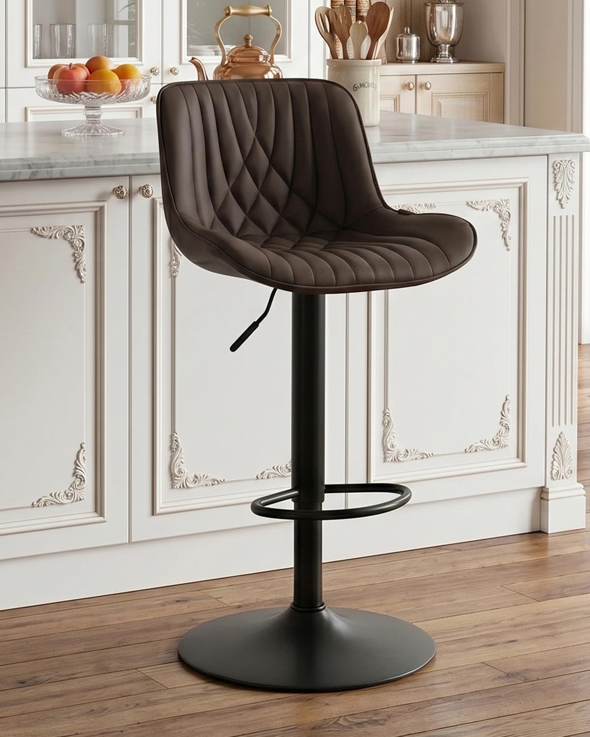 YOUTASTE Bar Stools, Breakfast Bar Chairs with Back, PU Leather Kitchen stools, Swivel Height Adjustable Barstools, Modern (Brown, One Stool)