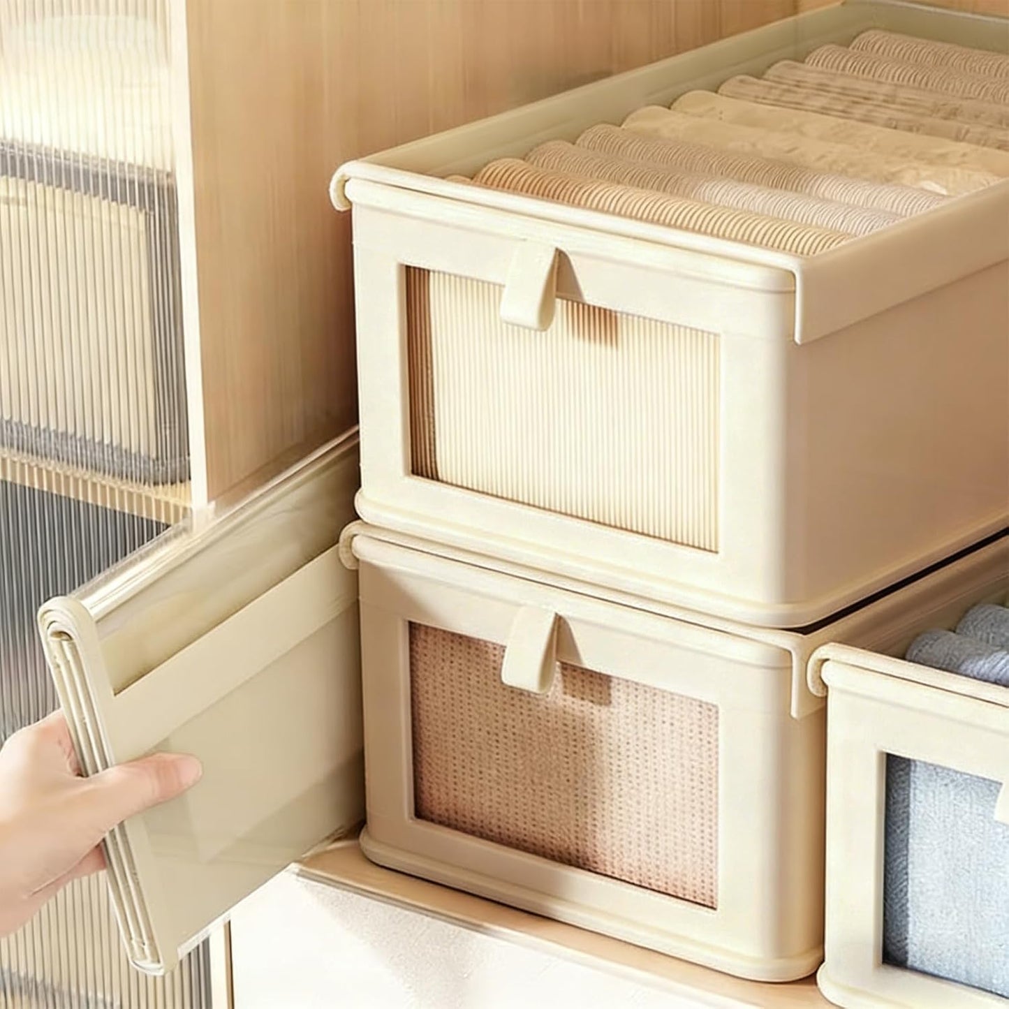 Wardrobe Storage Organiser Foldable - 6Pcs Drawer Organiser Clothes Fabric Storage Boxes Bin with Clear Window Shelf Stackable Clothing Storage Boxes