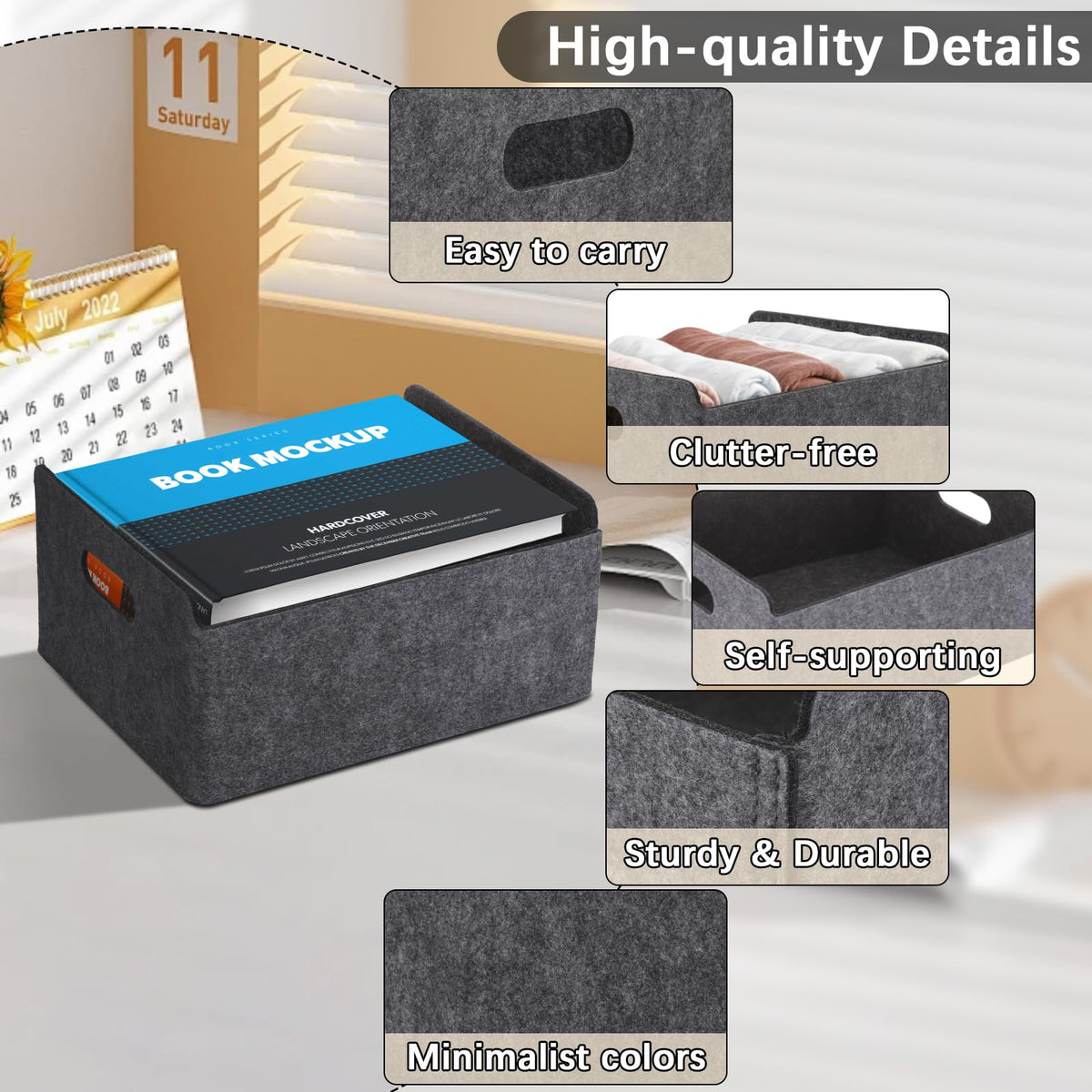 Starvortex 2Pack Felt Storage Basket, Foldable Fabric Storage Box with Handle, Wardrobe Storage Boxes, Drawer Organiser Clothes