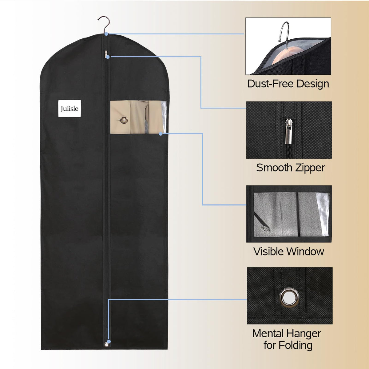Julisle Long Dress Cover Garment Bag with Zipper & Viewing Window | Breathable, Washable, Dustproof Clothes Storage | 5-Pack, Black, 60-Inch