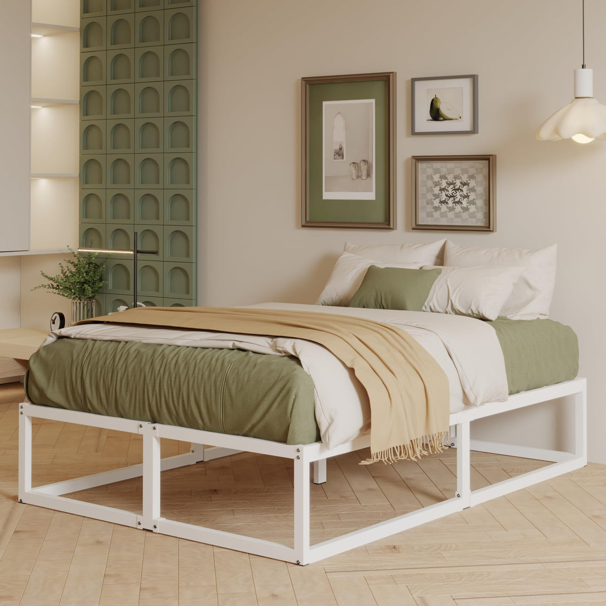 EMODA Metal Bed Frame 36cm High with Steel Slats Support, 150 x 190cm Heavy Duty Bed Frame Solid Platform, Noise Free, Easy Assembly, White