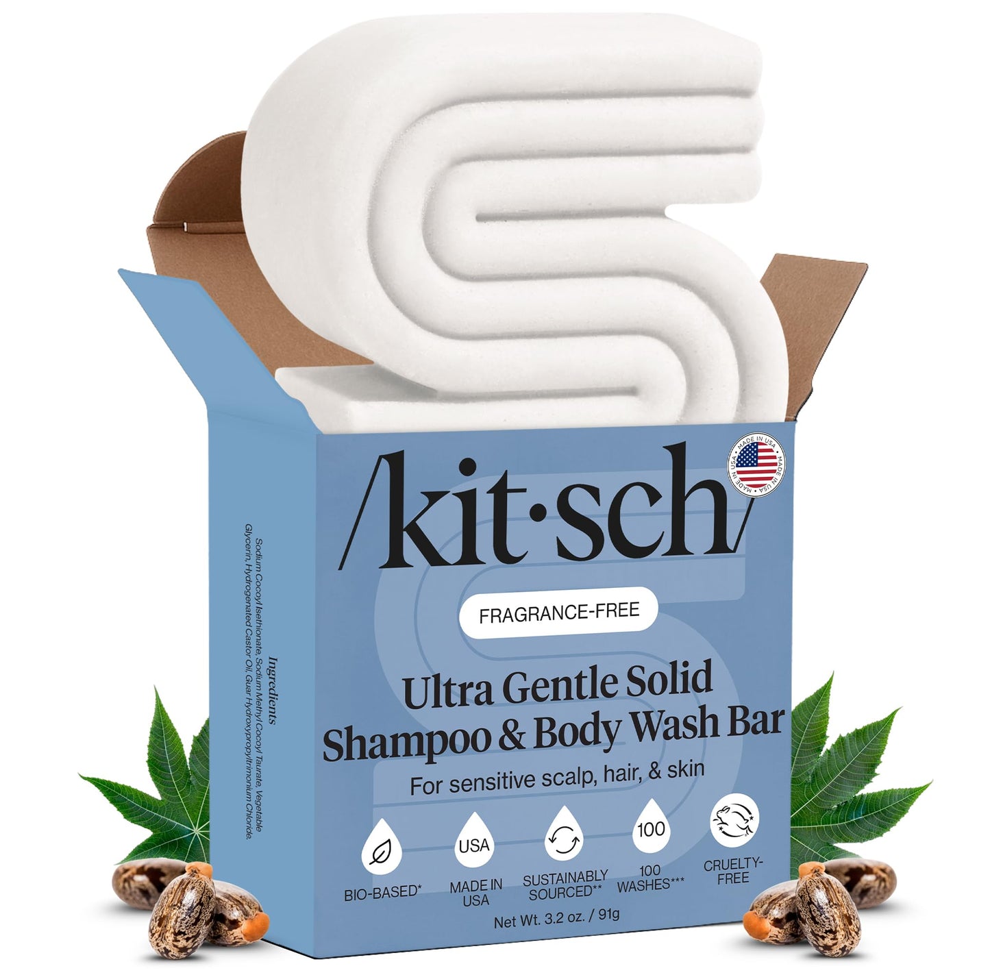 Kitsch 2-in-1 Shampoo Bar and Body Wash - Ultra Sensitive, Vegan & Natural, 5-Ingredient Formula Bar Soap for Hair & Body - Scent-Free, Paraben-Free -