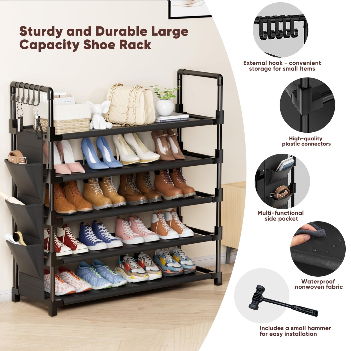 Mavivegue 5 Tier Metal Shoe Rack with 5 Hooks & 3 Side pockets