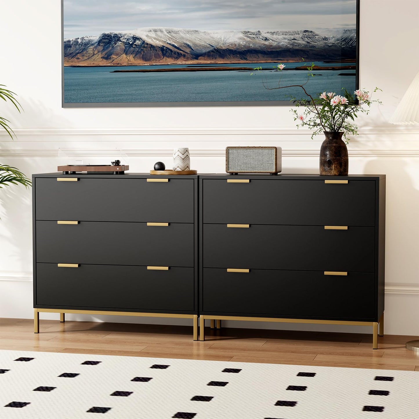 Yvsevnr Black Chest of Drawers Bedroom Wooden 3 Drawers Dresser with Spacious Storage Clothes Drawers with Sturdy Handles & Legs for Bedroom