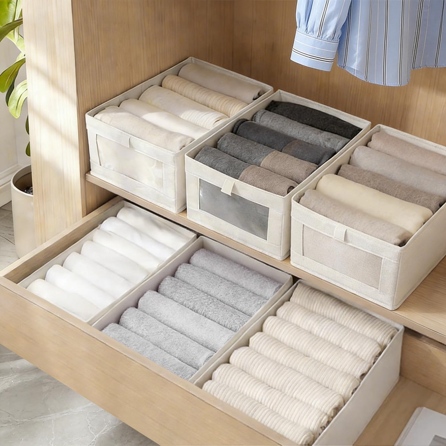 Micvtve 4 PCS Linen Wardrobe Storage Organiser Foldable Storage Bins Baskets for Organization Foldable Organizer with Clear Window Organizing