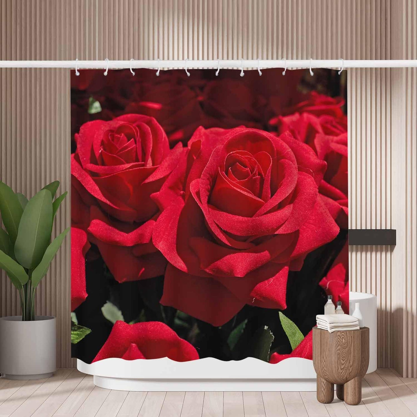Woutay Shower Curtain Water Repellant Fabric Red Rose Flower,Mould Proof Resistant,Polyester,with 12 Plastic Hooks