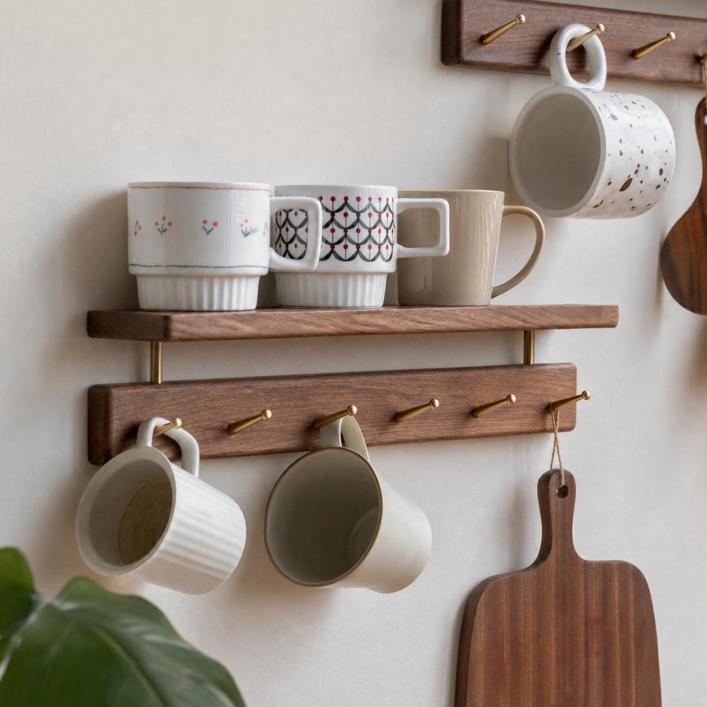 YESWOOD Solid Walnut Wall Mounted Coat Rack with Shelf, 6 Brass Hooks, 48cm