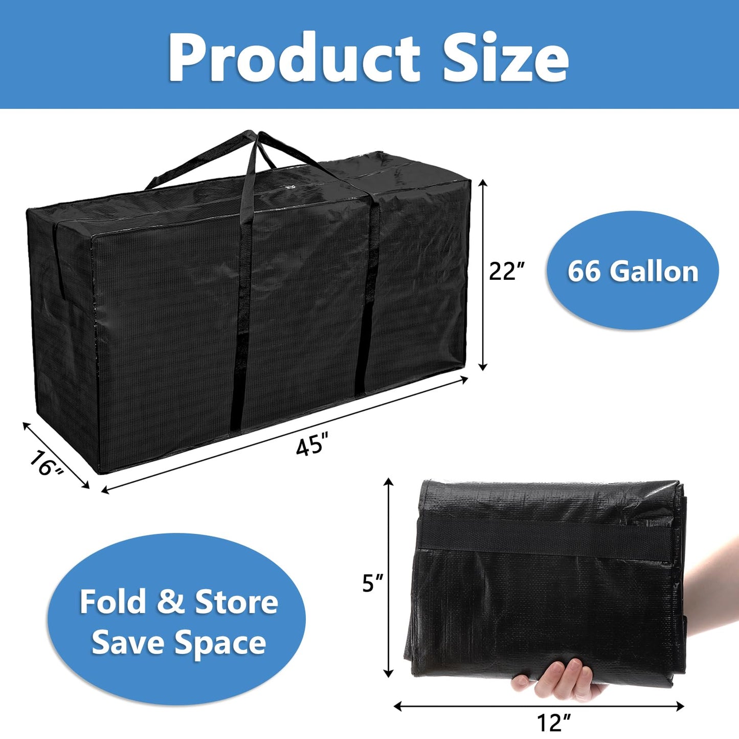 Elsjoy 2 Pack 250L/ 66Gallon Extra Large Moving Bags with Zippers & Handles, 45 x 16 x 22 Inch Black XXL Storage Bags Heavy Duty Over-Sized Storage